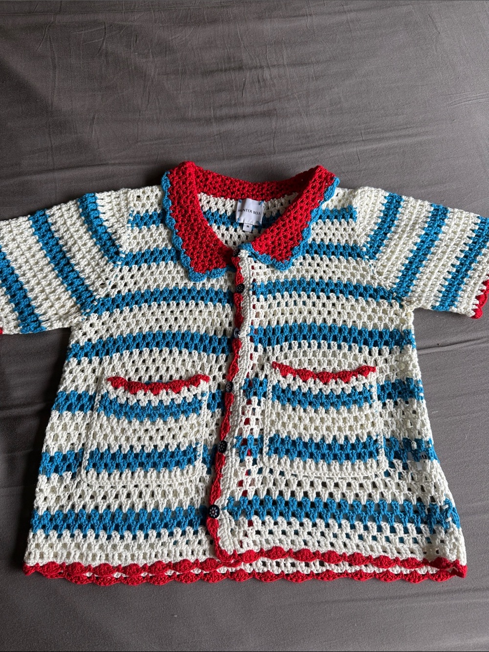 HUNTER BELL White, Blue & Red Crochet Button-Down Sweater